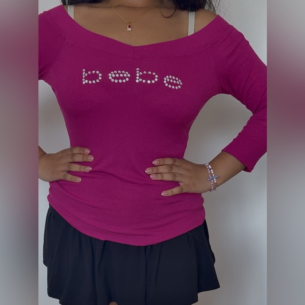 bebe vintage y2k aesthetic hot pink long sleeve off-shoulder top with jewels